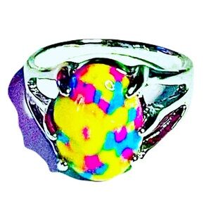 New Artisan Yellow Pink Blue Mosaic Jasper Sterling Silver Dragon Claw Ring